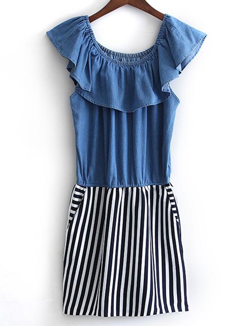 Shein Blue Sleeveless Boat Neck Ruffle Dress