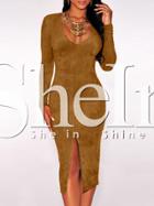 Shein Brown Scoop Neck Slit Front Sheath Dress