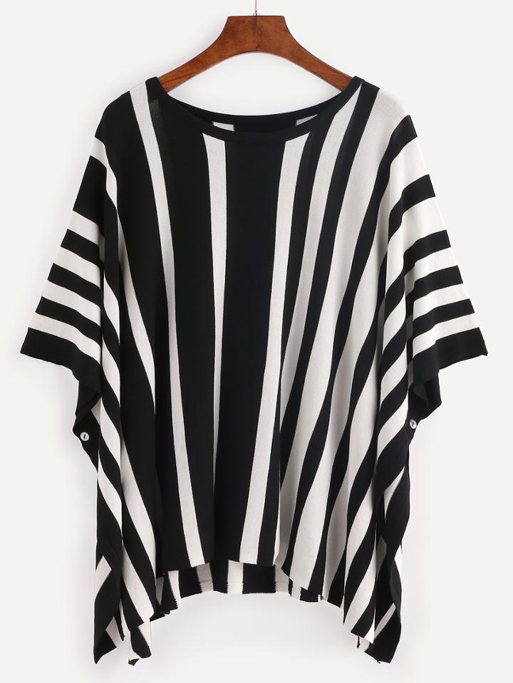 Shein Black White Vertical Stripe Dip Hem Batwing Blouse