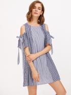 Shein Contrast Gingham Panel Open Shoulder Tie Detail Dress