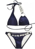 Rosewe Summer Navy Blue Lacing Bikini Suits With Bejeweled