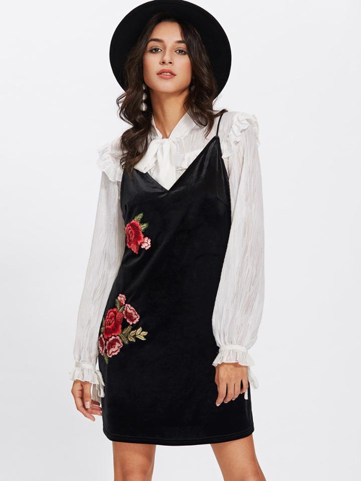 Shein Embroidered Rose Patch Velvet Cami Dress