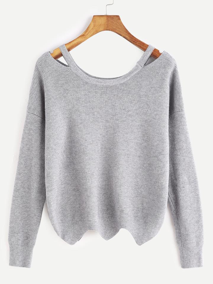 Shein Grey Cut Out Neck Seam Wave Hem Sweater