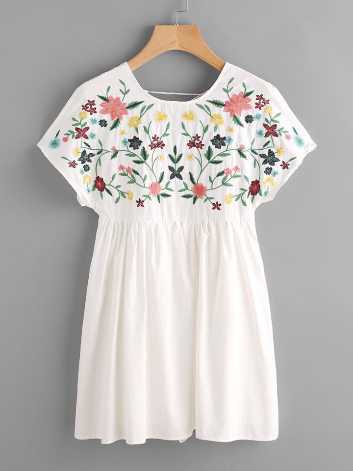 Shein Lace Up Back Embroidery Smock Dress