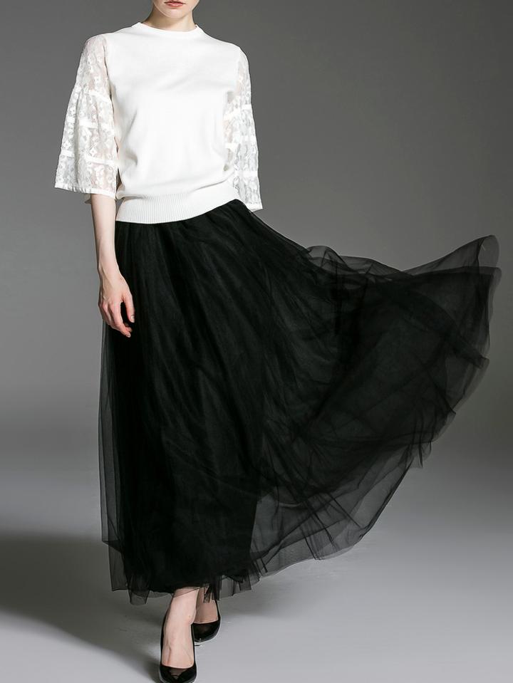 Shein White Black Contrast Lace Top With Gauze Skirt