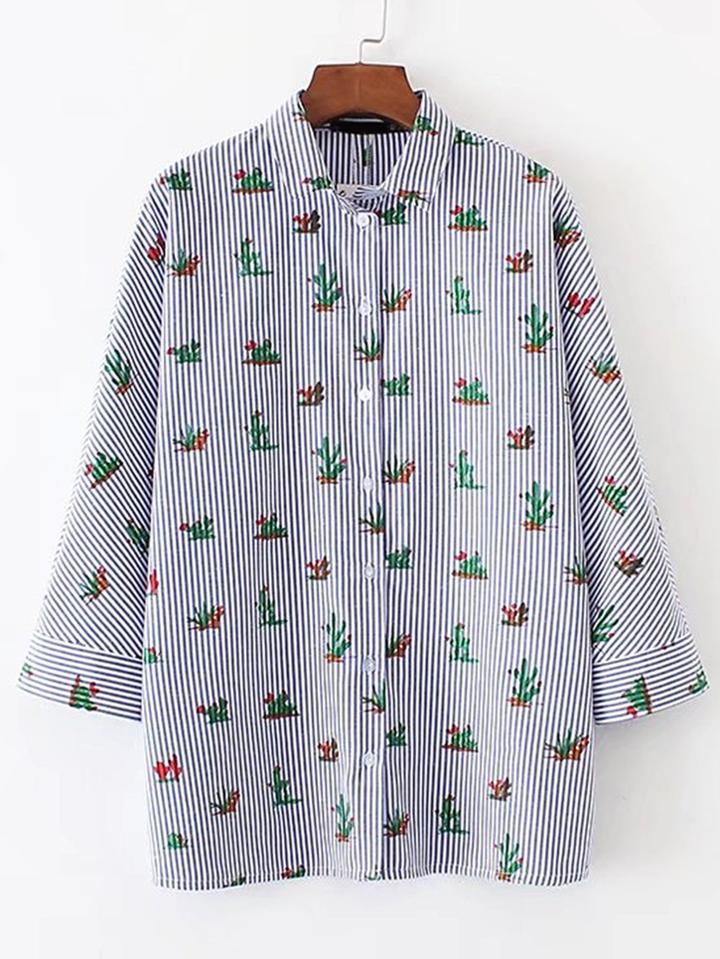Shein Vertical Striped Cactus Print Blouse