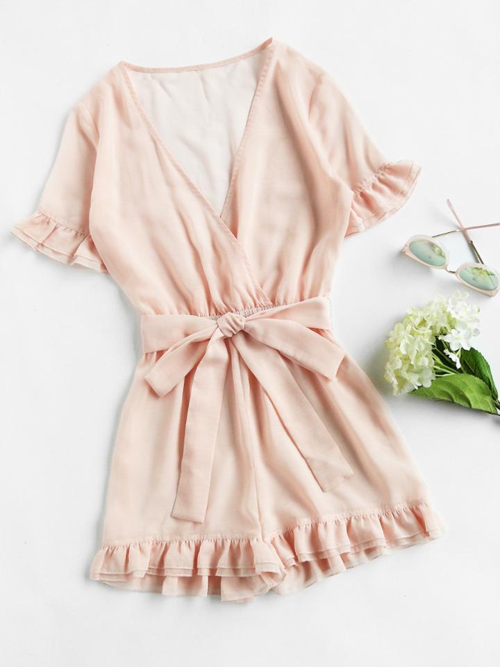 Shein Frilled Trim Semi Sheer Surplice Wrap Romper