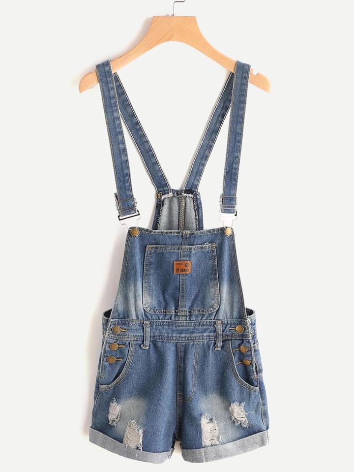 Shein Bleach Wash Distressed Denim Overall Shorts