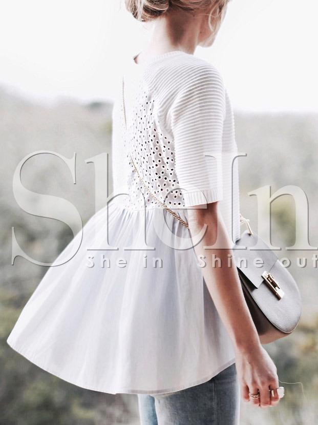 Shein Beige Round Neck Hollow Back Ruffle Blouse