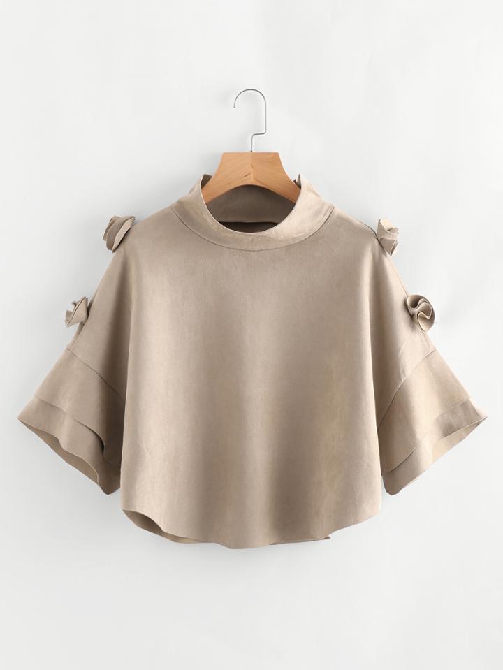 Shein 3d Flower Embellished Tiered Cuff Suede Cape Coat