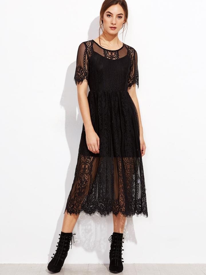 Shein Black Zipper Back Lace Dress With Cami Top