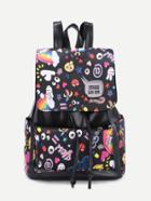 Shein Faux Leather Cartoon Print Drawstring Flap Backpack