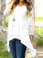 Shein Beige Lace Cuff Slit Back Asymmetric T-shirt