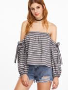 Shein Grey And White Striped Tie Sleeve Off The Shoulder Top