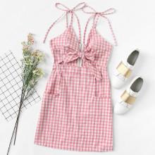 Shein Tie Shoulder Knot Front Gingham Dress