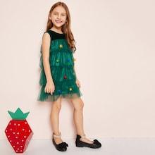 Shein Toddler Girls Pompom Detail Layered Velvet Mesh Dress