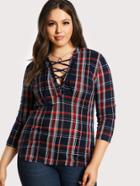 Shein Lace Up Plaid Print Top Navy