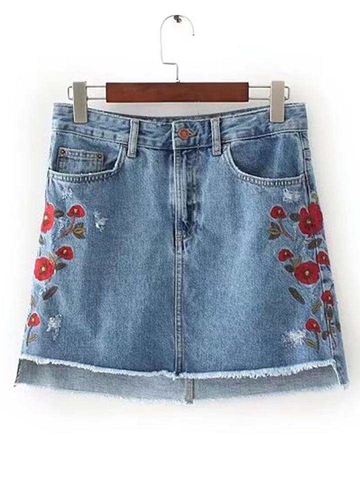 Shein Raw Hem High Low Embroidered Denim Skirt