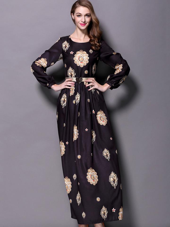 Shein Black Round Neck Long Sleeve Drawstring Print Dress