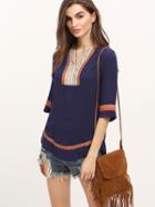 Shein Contrast Hem Embroidered Loose Blouse