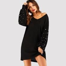 Shein Beaded V-neck Ribbed Dress