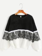 Shein Color Block Contrast Eyelash Lace Velvet Sweatshirt