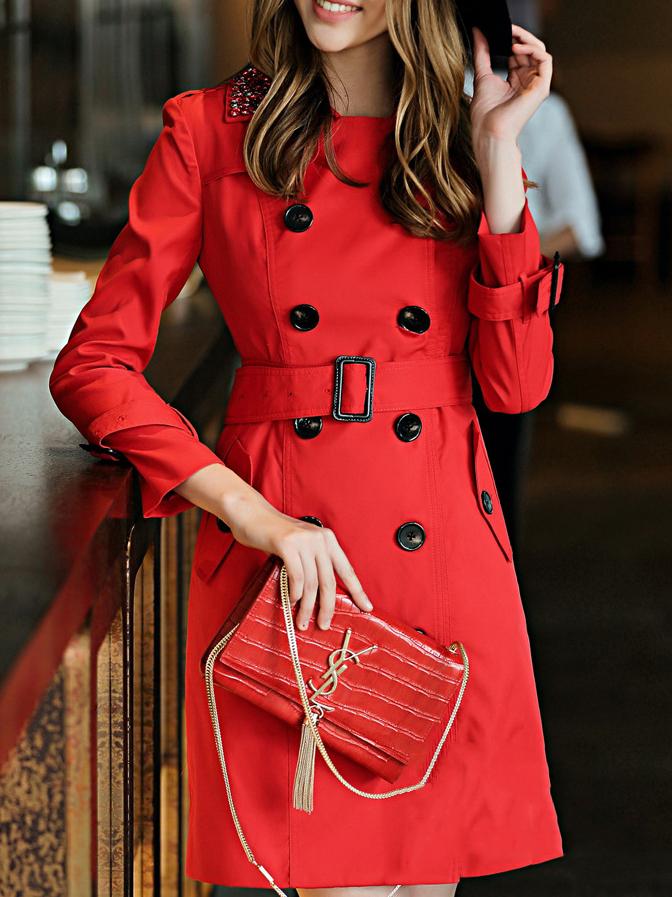 Shein Red Beading Neck Belted Pockets Coat