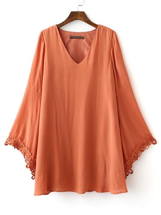 Shein Orange V Neck Batwing Sleeve Cutout Back Dress