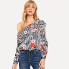 Shein Ruffle Detail Asymmetrical Neck Striped Floral Top