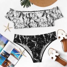 Shein Off The Shoulder Marble Print Bikini Set