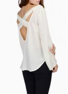 Rosewe Criss Cross Back Solid White Chiffon Blouse