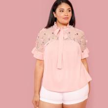 Shein Plus Embroidery Mesh Yoke Tied Neck Blouse