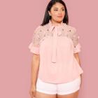 Shein Plus Embroidery Mesh Yoke Tied Neck Blouse