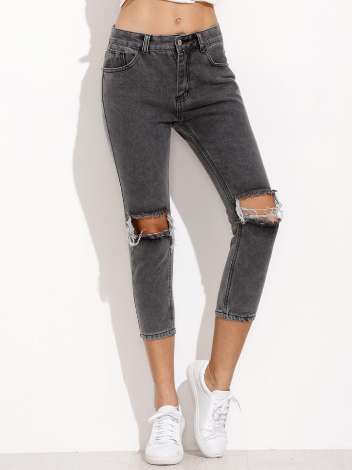 Shein Grey Ripped Slim Denim Pants