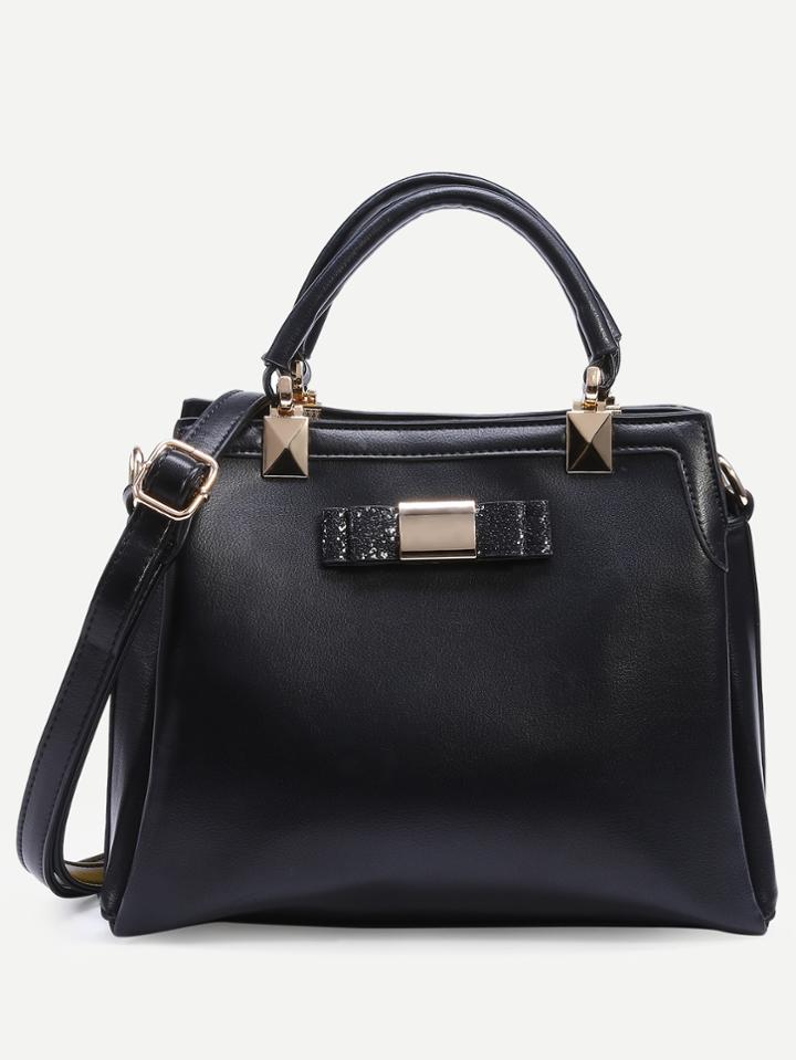 Shein Black Glitter Bow Embellished Structured Satchel Bag