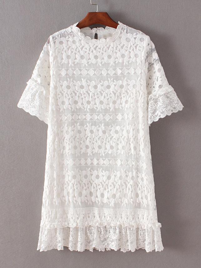 Shein White Ruffle Hem Crochet Key-hole Lace Dress