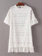 Shein White Ruffle Hem Crochet Key-hole Lace Dress