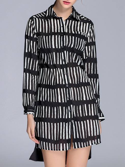 Shein Black Lapel Striped High Low Dress