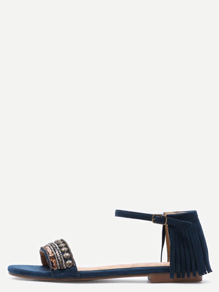 Shein Faux Suede Studded Fringe Ankle Strap Sandals - Navy