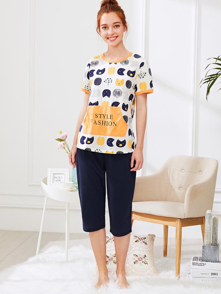 Shein Cartoon Print Kangaroo Pocket Top & Pants Pj Set