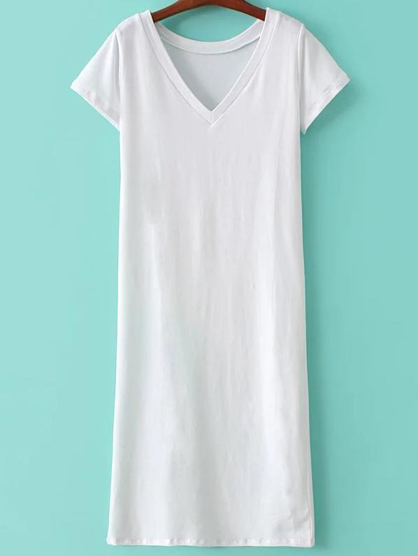 Shein White V Neck Plain Asymmetric T-shirt