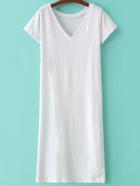 Shein White V Neck Plain Asymmetric T-shirt