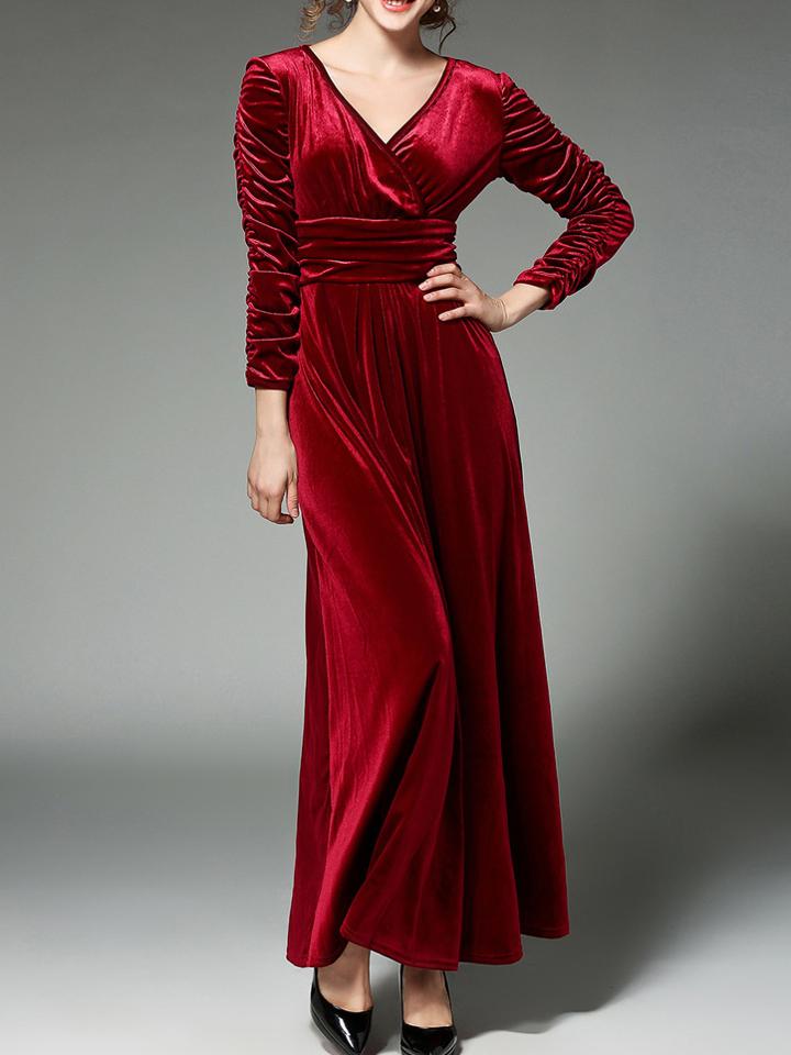 Shein Burgundy V Neck Velvet Maxi Dress