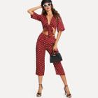 Shein Polka Dot Tie Front Top With Pants Set