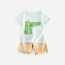 Shein Boys Crocodile Print Tee With Roll Hem Plain Shorts