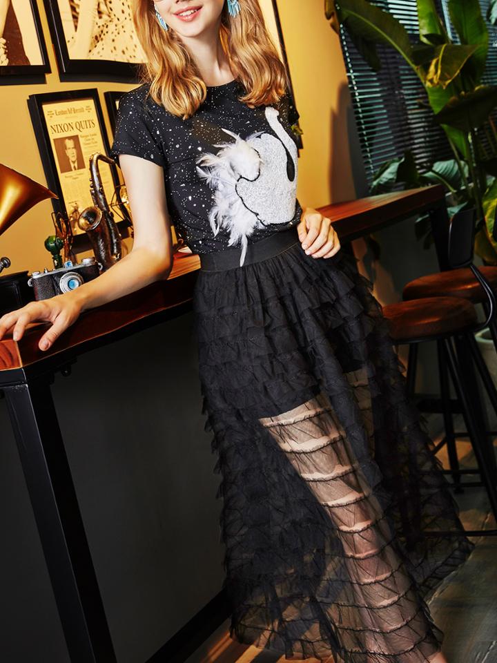Shein Swan Sequined Top With Pleated Sheer Skirt