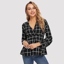 Shein Raglan Sleeve Wrap Front Grid Peplum Top