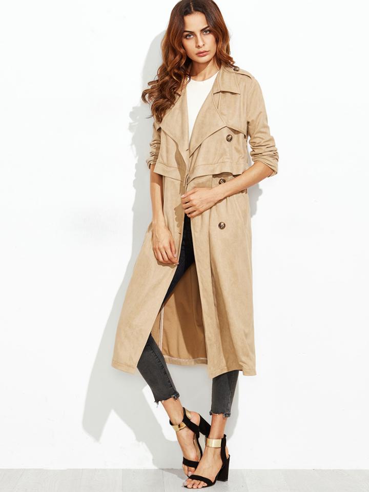 Shein Camel Faux Suede Multiway Trench Coat With Gun Flaps