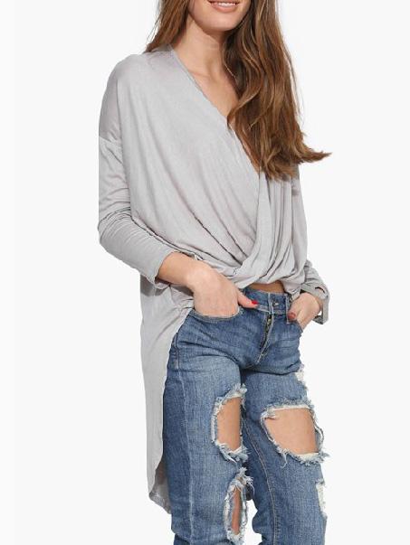 Shein Grey V Neck Wraped High Low T-shirt