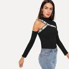 Shein Cut Out Shoulder Letter Tape Fitted Tee